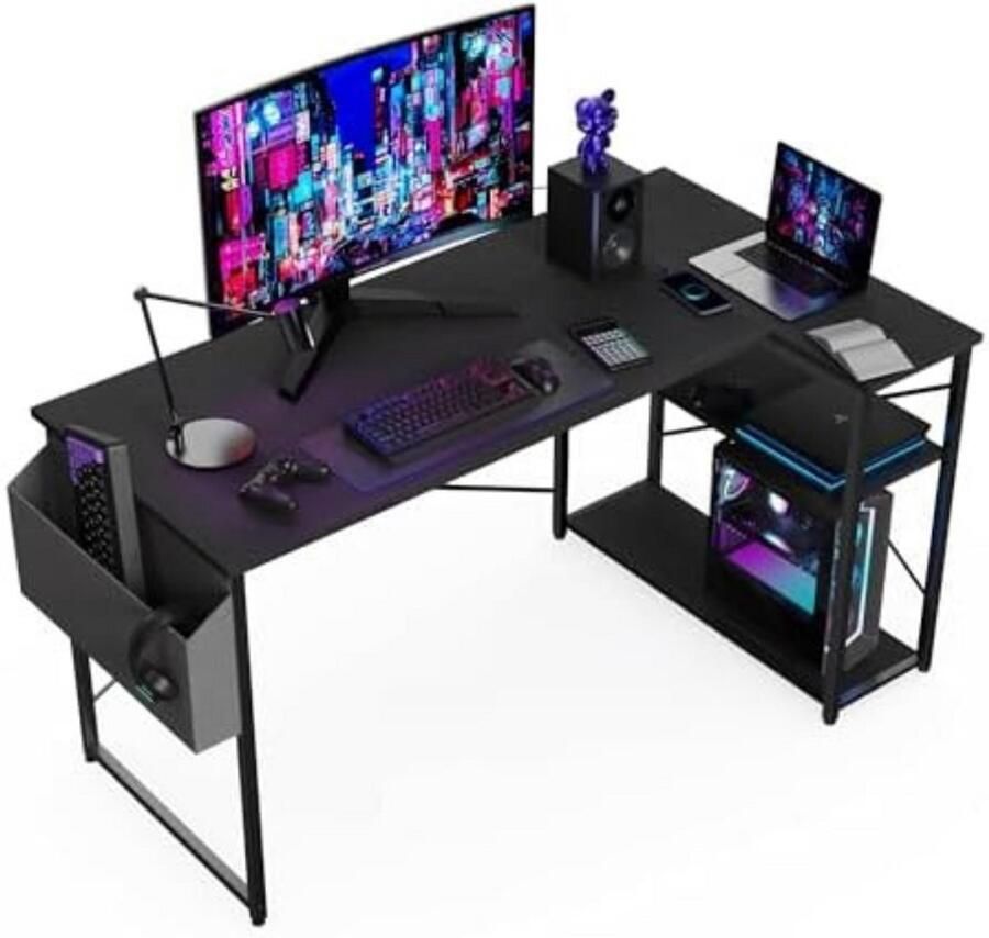 WNHB L Vormig Bureau 100x70 cm – Omkeerbare Hoektafel Met Opbergvakken – Gamingtafel En Computertafel Voor Thuis Werk Of Studie – Zwart