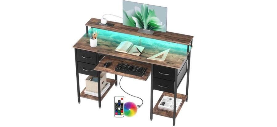 WNHB Modern Bureau met LED & Stopcontacten – 120x50cm Gaming Tafel – Met Toetsenbordlade & 4 Omkeerbare Lades – Boekenplank – Werkstation voor Thuis & Kantoor