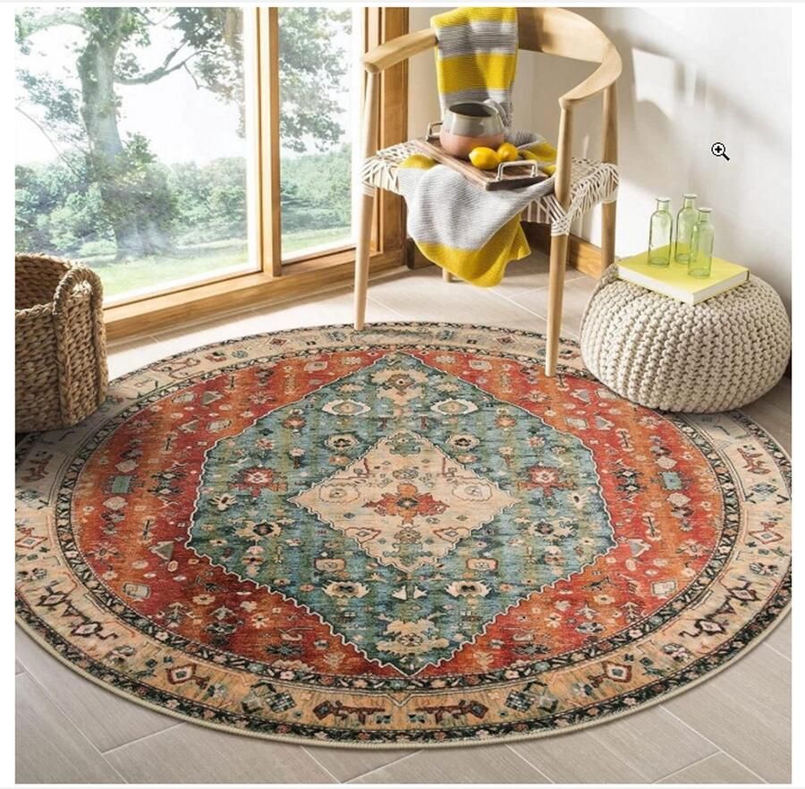 WNHB Rond Tapijt 120 cm Vintage Boho Vloerkleed Antislip Zacht Wasbaar Woonkamer Tapijt