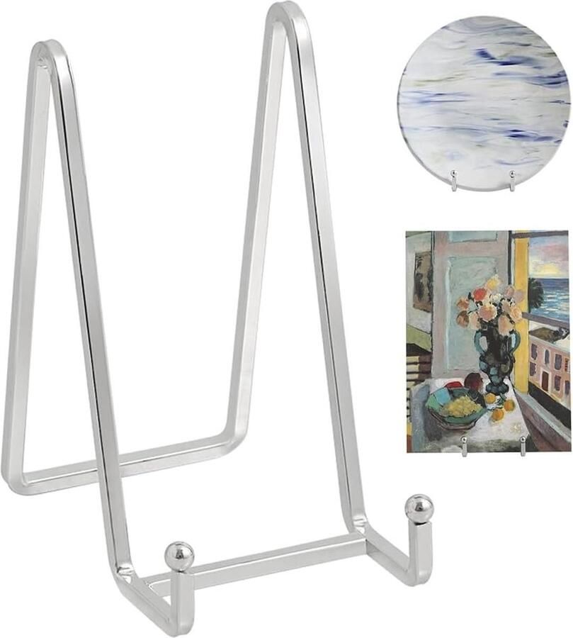 WNHB Set van 2 Metalen Plaatstandaards – Decoratieve Bordenhouders & Fotolijst Staanders – 6 Inch IJzeren Ezels – Zilver