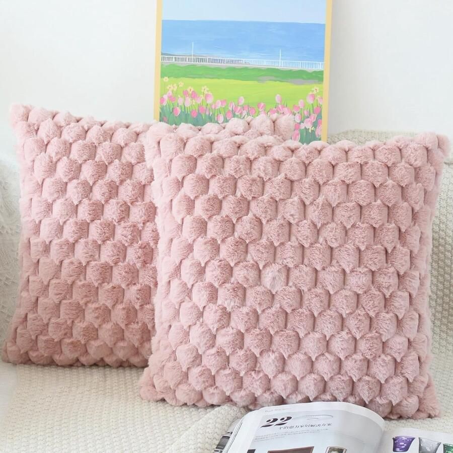 WNHB Set van 2 Pluizige Kussenhoezen 50x50 cm Roze Zacht Pluche Decoratief voor Bank of Woonkamer