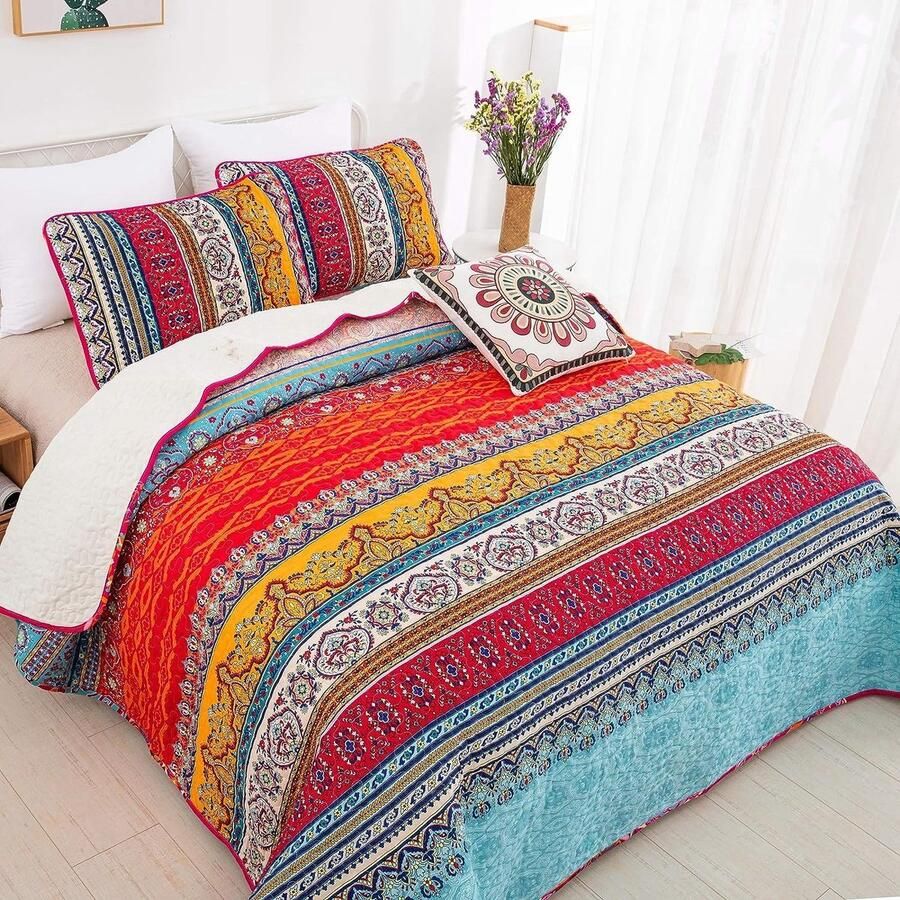 Sprei 240x260 cm Sprei Boho Style Quilt Tweepersoonsbed Gewatteerde microvezel sprei Gewatteerde deken 3-delige deken met 2 kussenslopen 50x70cm voor slaapkamer (Bohemian)