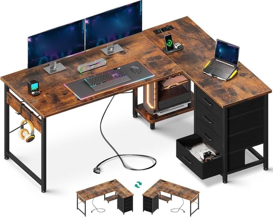 WNHB Wit L-vormig Hoekbureau – 135x100 cm – Bureau met 4 Lades Stopcontacten & USB-poort – Omkeerbare Computertafel voor Thuiswerkplek & Gaming