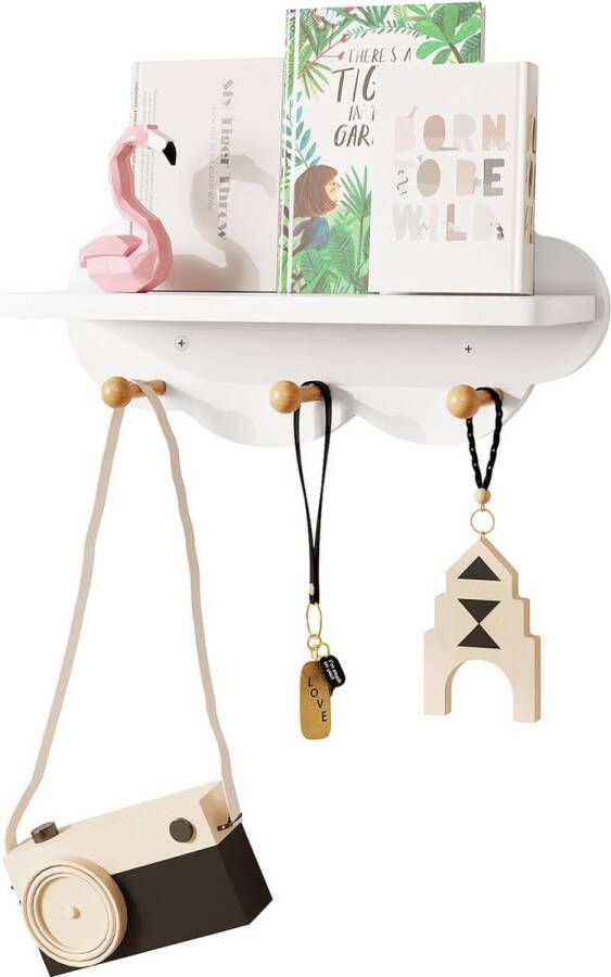 Wolkplank Kinderkapstokken Wandplank met haken Hangende plank Zwevende plank Wit Zwevende plank voor kinderkamer Wanddecoratie 36 x 12 x 20.5 cm