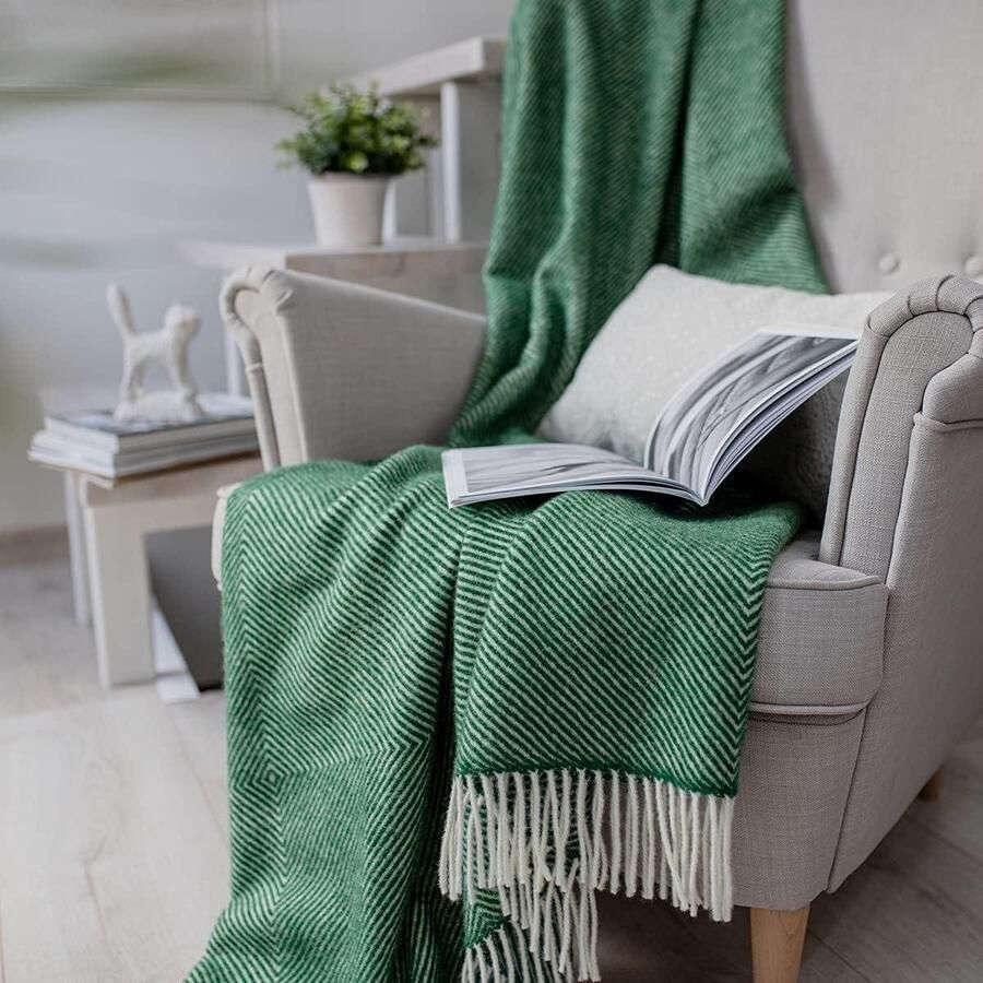 Wollen Deken Multifunctionele Groot Sprei Bedsprei Alaska met Ruitpatroon 100% Nieuw-Zeelandse Wol Groen (140 x 220 cm) Bankdeken Plaid Bed Bank Tweepersoons Dekbed Winterdekbed