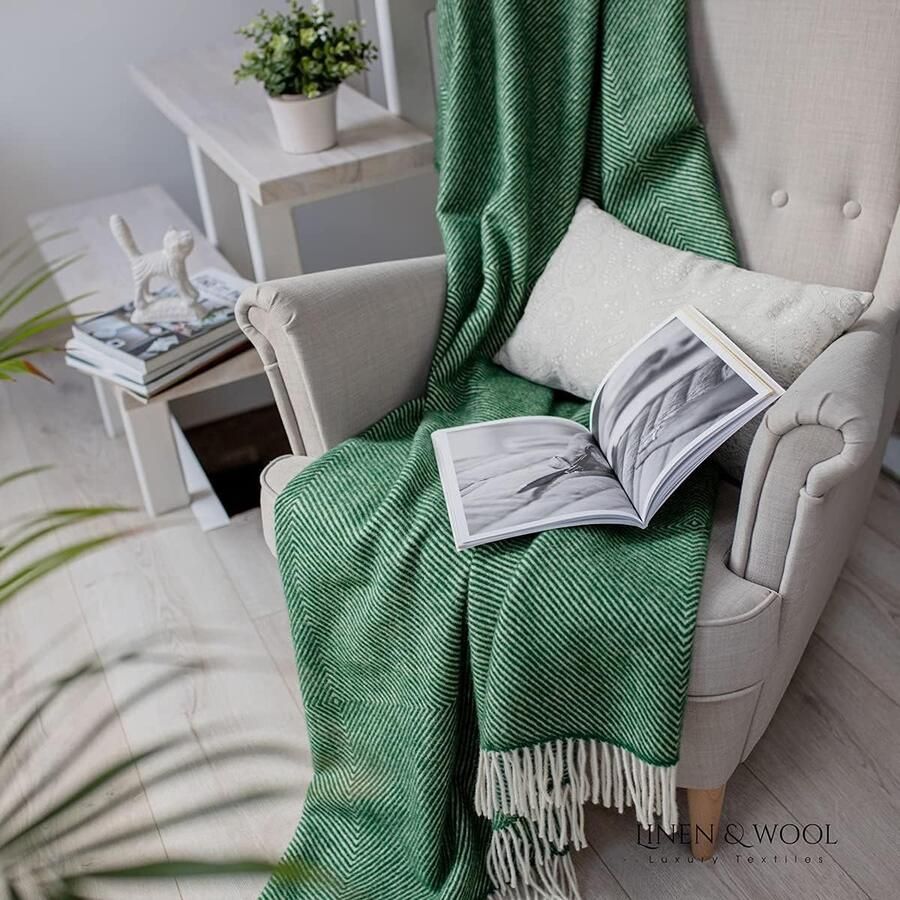 Wollen Deken Multifunctionele Groot Sprei Bedsprei Alaska met Ruitpatroon 100% Nieuw-Zeelandse Wol Groen (140 x 220 cm) Bankdeken Plaid Bed Bank Tweepersoons Dekbed Winterdekbed