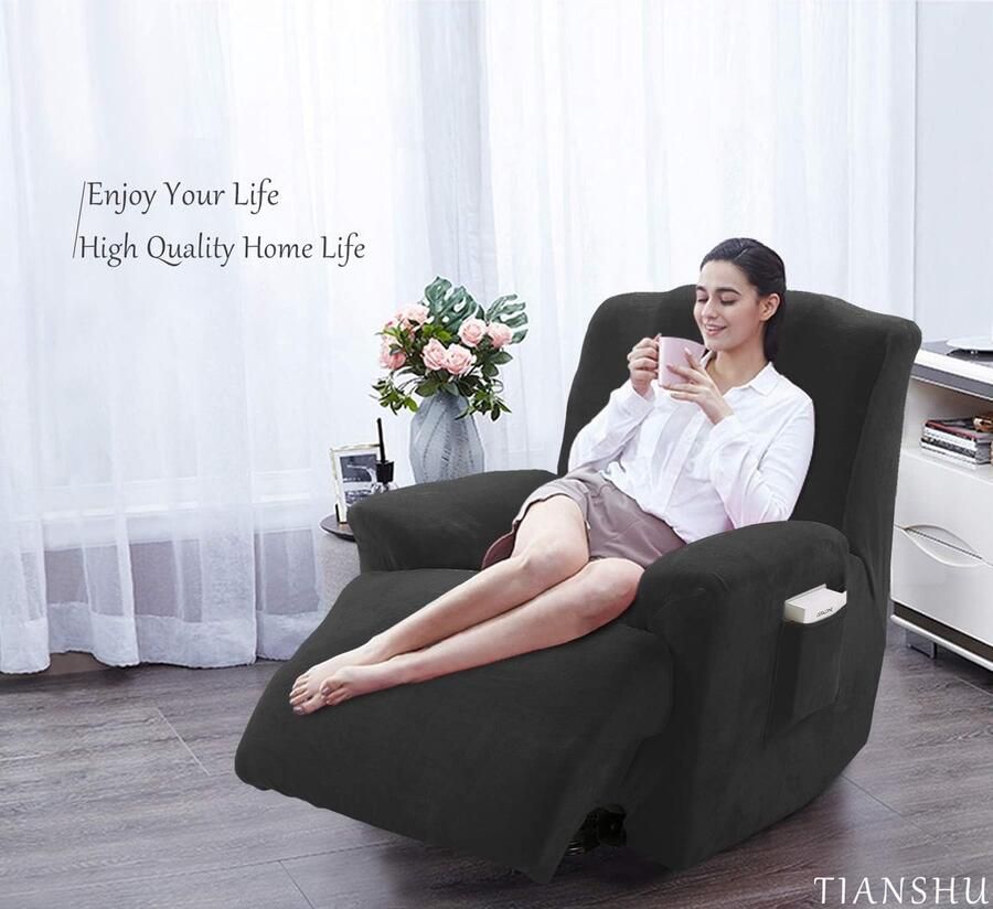 Wollen Fauteuil Hoes Stretch Fauteuil Hoes Moderne Fluwelen Pluche Fauteuil Hoes Meubelbeschermer Spandex Bank Hoes Voor Fauteuil Hoes(Zwart)