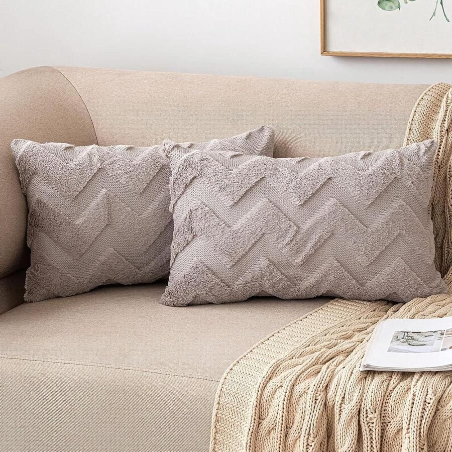 Wollen kunstbont kussenhoes met golven Pluizige en elegante sierkussensloop Zacht en decoratief Pluche huisdecoratie Sofa bed woonkamer beschermer 30 x 50 cm 12 x 20 inch Zand