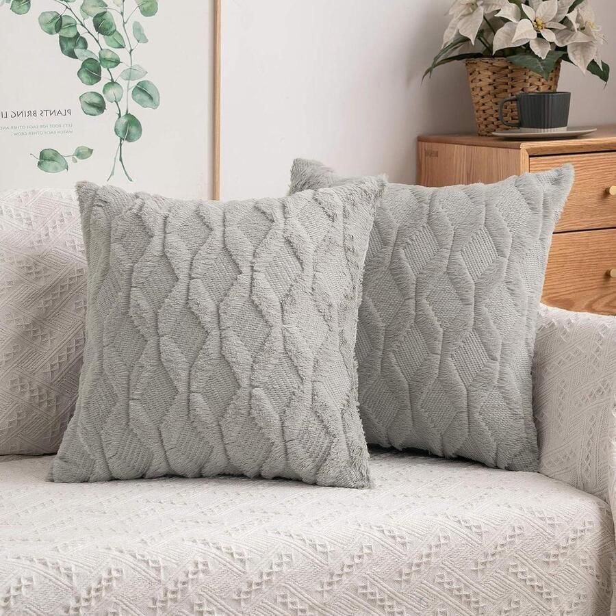 Wollen kussenhoezen pluche decoratief elegant set van 2 sierkussens bank slaapkamer woonkamer 40 x 40 cm zilver