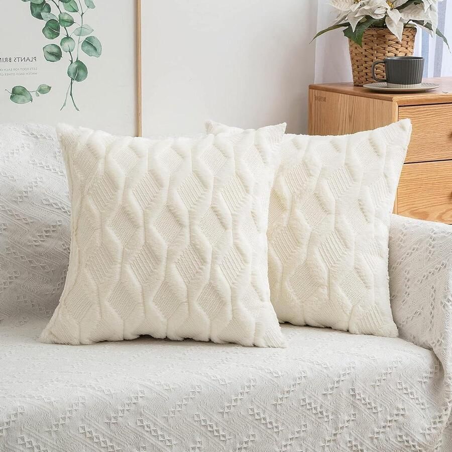 Wollen kussenhoezen pluche decoratief elegant set van 2 sierkussens bank slaapkamer woonkamer 40 x 40 cm melkachtig
