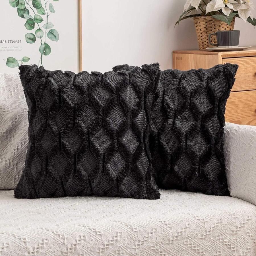 Wollen kussenhoezen pluche decoratief elegant sierkussens voor bank en slaapkamer woonkamer decoratie 45 x 45 cm zwart set van 2