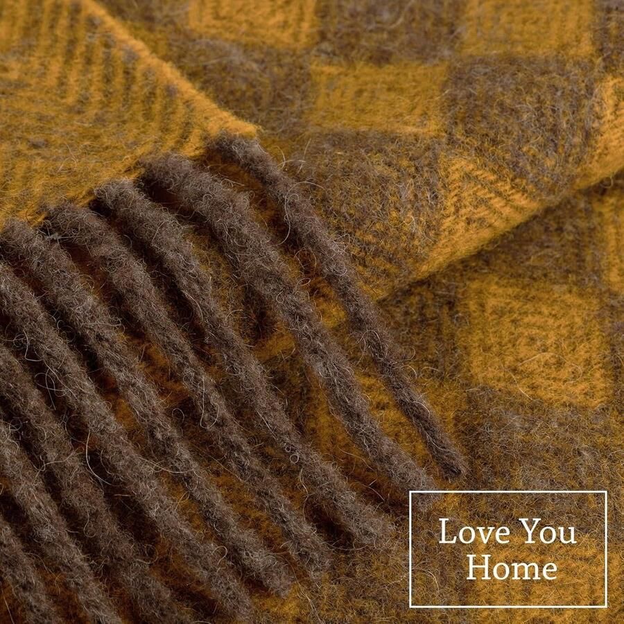 Wollen Plaid 100% Deken van Nature Wol voor Bed Sofa en Bank Grote Plaids Dekens & Spreien Warme Blanket van Naturel Schapenwol (140 x 200 cm Mosterd met Bruin Scandinavische Ruitpatroon)