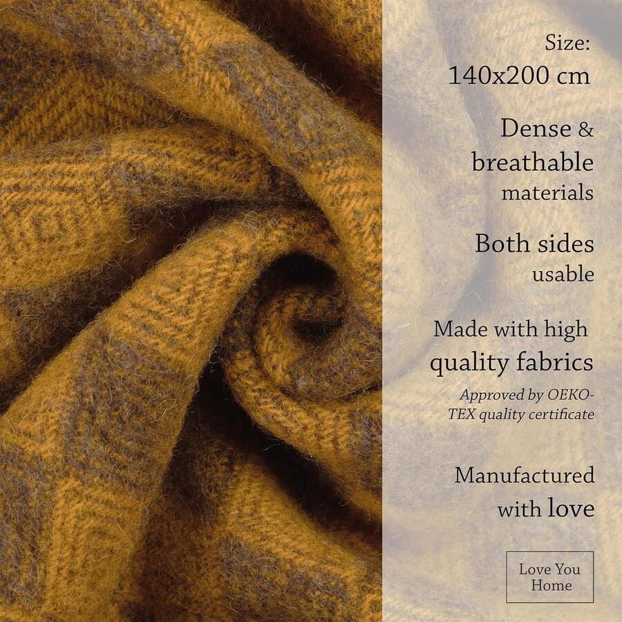 Wollen Plaid 100% Deken van Wol voor Bed Sofa en Bank Grote Plaids Dekens & Spreien Warme Blanket van Schapenwol (140 x 200 cm Mosterd met Bruin Scandinavische Ruitpatroon)