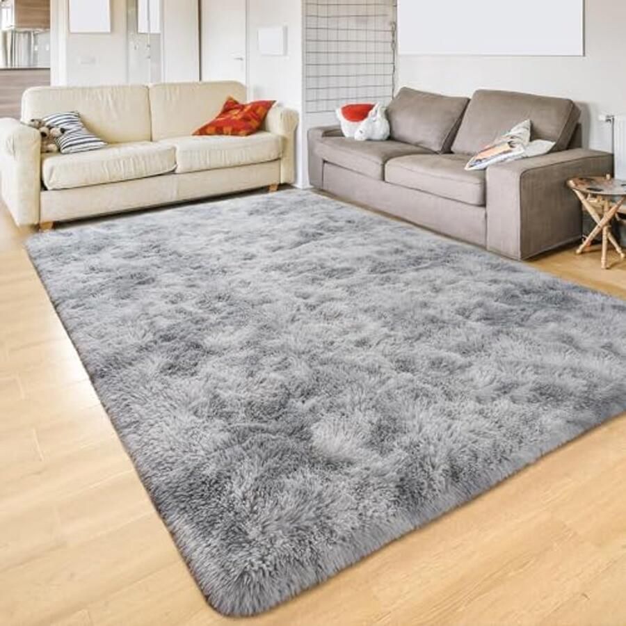 Wollen Vloerkleden voor Woonkamer en Slaapkamer Shaggy Tapijten Zacht en Wasbaar (Grijs-Wit 200 x 200 cm)