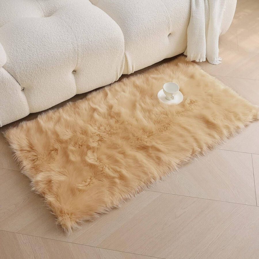 Wollen vloerkleed antislip pluizige tapijten Shaggy vloertapijt voor slaapkamer woonkamer kameel 2'x 3