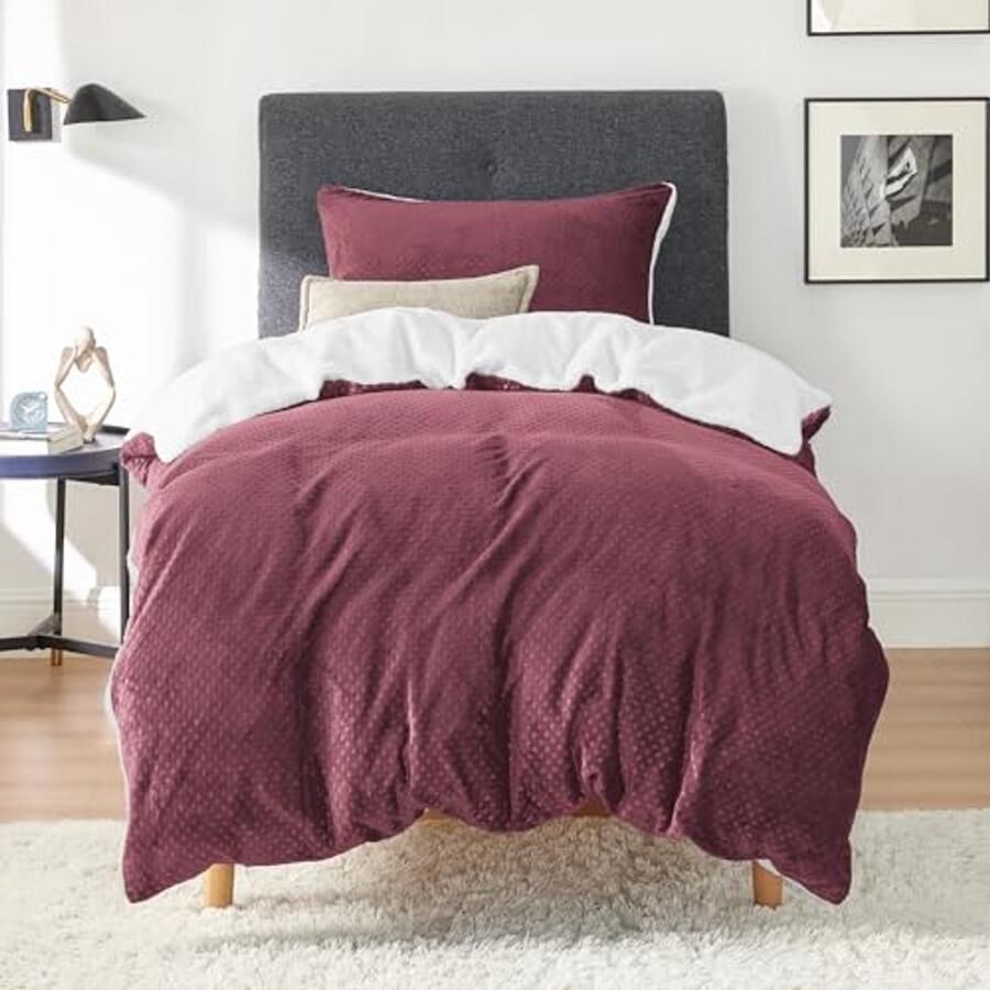 Wollig dekbedoed voor eenpersoonsbed 135 x 200 cm wijnrood fleece dekbedovertrek met kussensloop van 80 x 80 cm