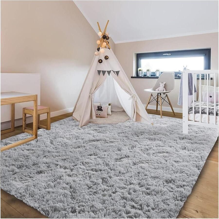 Wollig hoogpolig vloerkleed voor woonkamer Antislip onderkant Wasbaar Comfortabel tapijt Shaggy langpolig Zacht Groot Grijs 120 x 160 cm