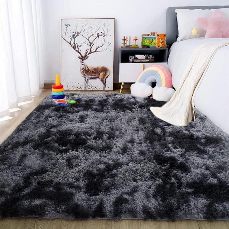 Wollig hoogpolig vloerkleed extra zacht en antislip 80 x 120 cm donkergrijs