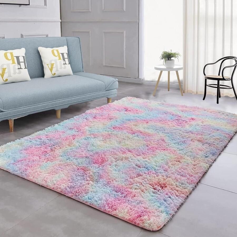 Wollig hoogpolig vloerkleed regenboog 140 x 200 cm voor woonkamer slaapkamer met antislip