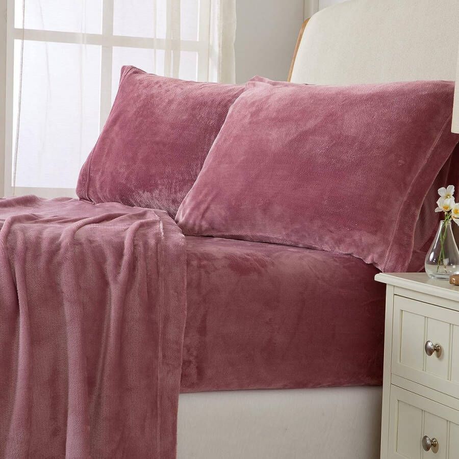 Wollig pluche hoeslaken 90 x 200 cm roze oudroze kasjmier touchscreen winter behaaglijk bedlaken voor een matras van 25 tot 30 cm - Foto 1