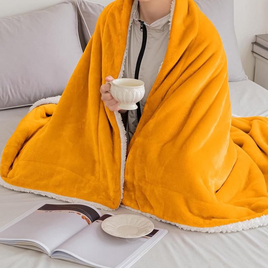 Knuffeldeken wollige deken fleecedeken woondeken warme Sherpa bankovertrek deken wollig microvezel sprei voor bed bank slaapkamer kantoor 150 x 200 cm geel - Foto 2