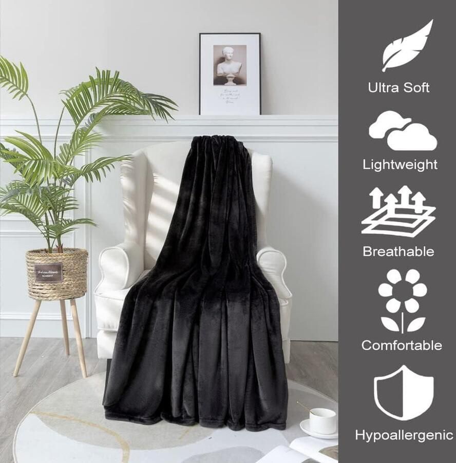 Wollige knuffeldeken zwart 150 x 200 cm warme zachte deken voor bed bank winterbankdeken microvezel bedsprei Cooling Blanket - Foto 2