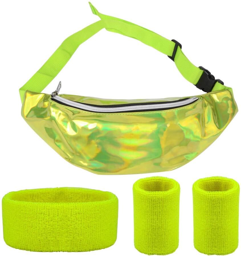 Women's waist bag green PU leather waterproof waist bag adjustable shoulder bags with fluorescent colours bracelets and headband for 80s and 90s costume party carnival etc