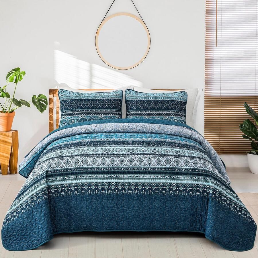 WONGS BEDDING Bedsprei 200x220 Bedsprei Boho Deken Gewatteerde Deken 3-delig Tweepersoonsbed Gewatteerd Dekbed Microvezeldeken met 2 Kussenslopen 50x75 voor Slaapkamer als Banksprei (Donkerblauw)