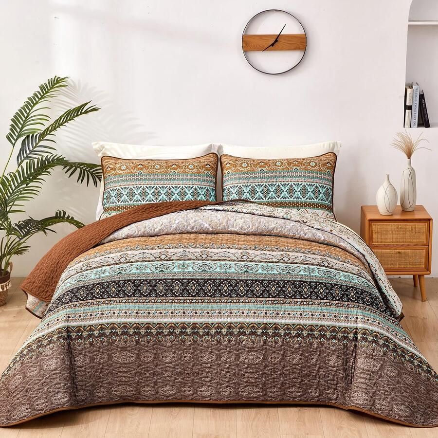 WONGS BEDDING Bedsprei 200x220 Bedsprei Boho Deken Gewatteerde Deken 3-delig Tweepersoonsbed Gewatteerd Dekbed Microvezel Deken met 2 Kussenslopen 50x75 voor Slaapkamer als Banksprei (Bruin)