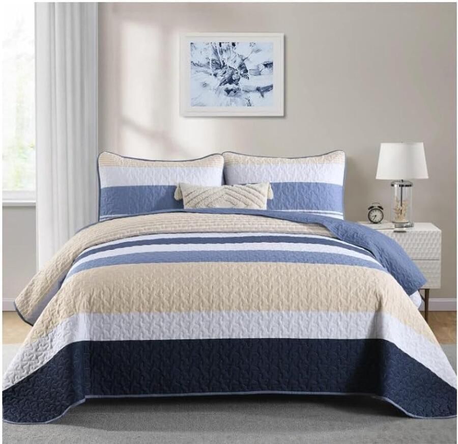 WONGS BEDDING Bedsprei 220x240 Blauw Bedsprei Strepen Deken Gewatteerde Deken 3-delig Tweepersoonsbed Gewatteerd Dekbed Microvezel Deken met 2 Kussenslopen 50x75 voor Slaapkamer Bank Deken