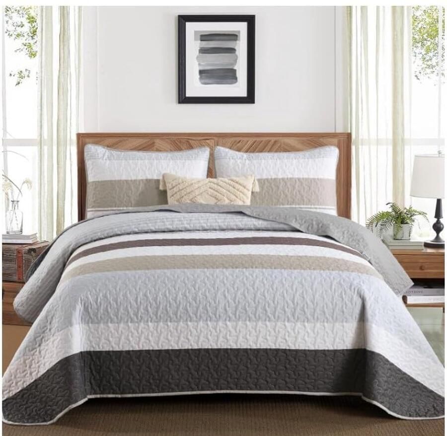 WONGS BEDDING Bedsprei 220x240 Grijsbruin Bedsprei Strepen Deken Gewatteerde Deken 3-delig Tweepersoonsbed Gewatteerd Dekbed Microvezeldeken met 2 Kussenslopen 50x75 voor Slaapkamer Bank Deken