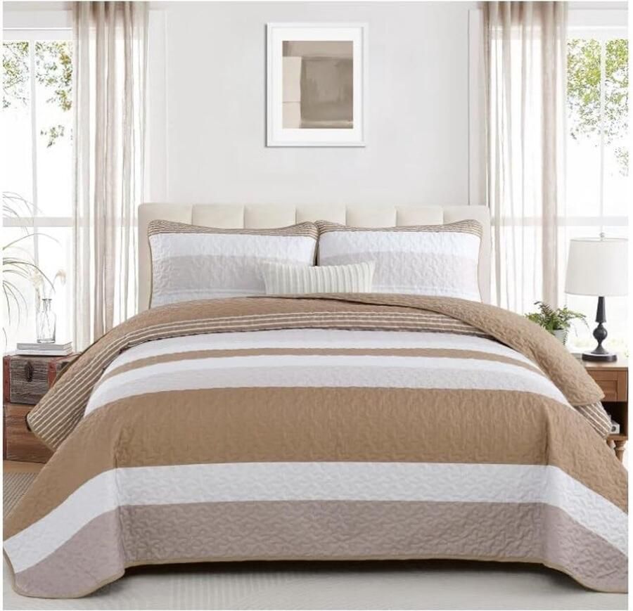 WONGS BEDDING Bedsprei 220x240 Khaki Bedsprei Strepen Deken Gewatteerde Deken 3-delig Tweepersoonsbed Gewatteerd Dekbed Microvezel Deken met 2 Kussenslopen 50x75 voor Slaapkamer Bank Deken