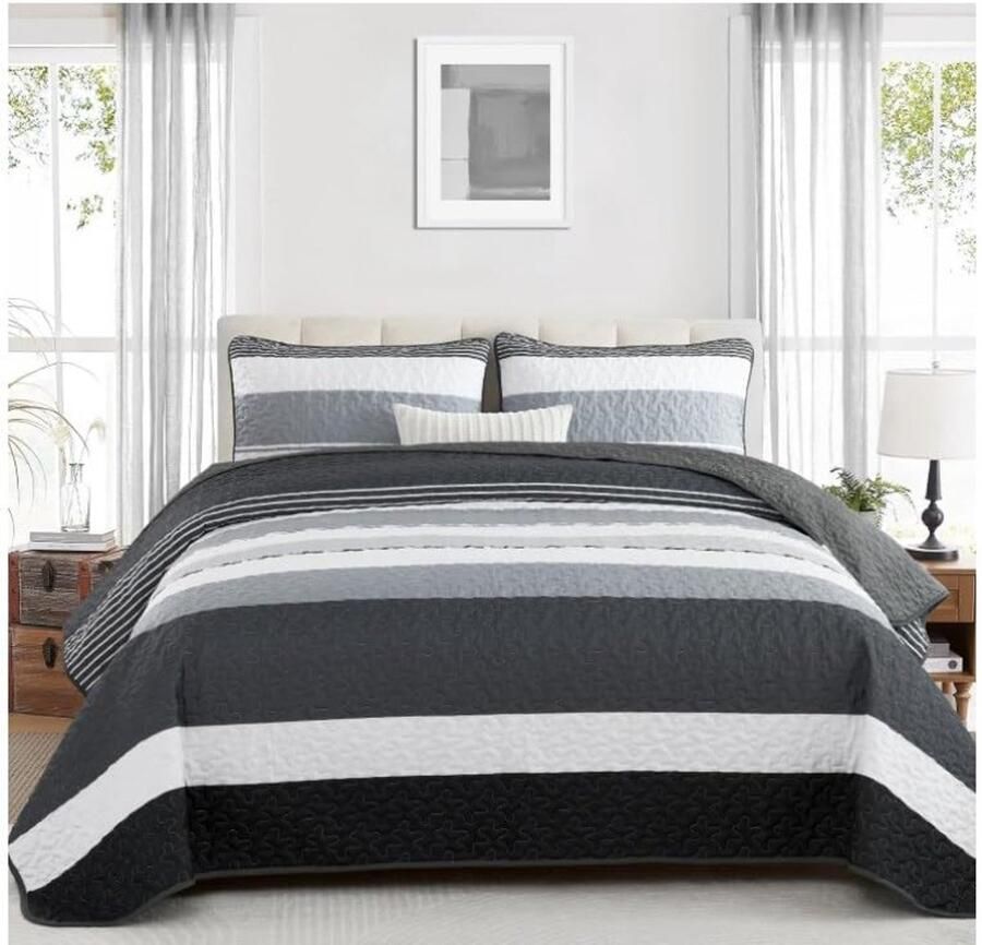 WONGS BEDDING Bedsprei 220x240 Zwart Wit Strepen Dekbed 3-delig Tweepersoonsbed Gewatteerde Bedsprei Microvezel Deken met 2 Kussenslopen 50x75 voor Slaapkamer Bank Deken
