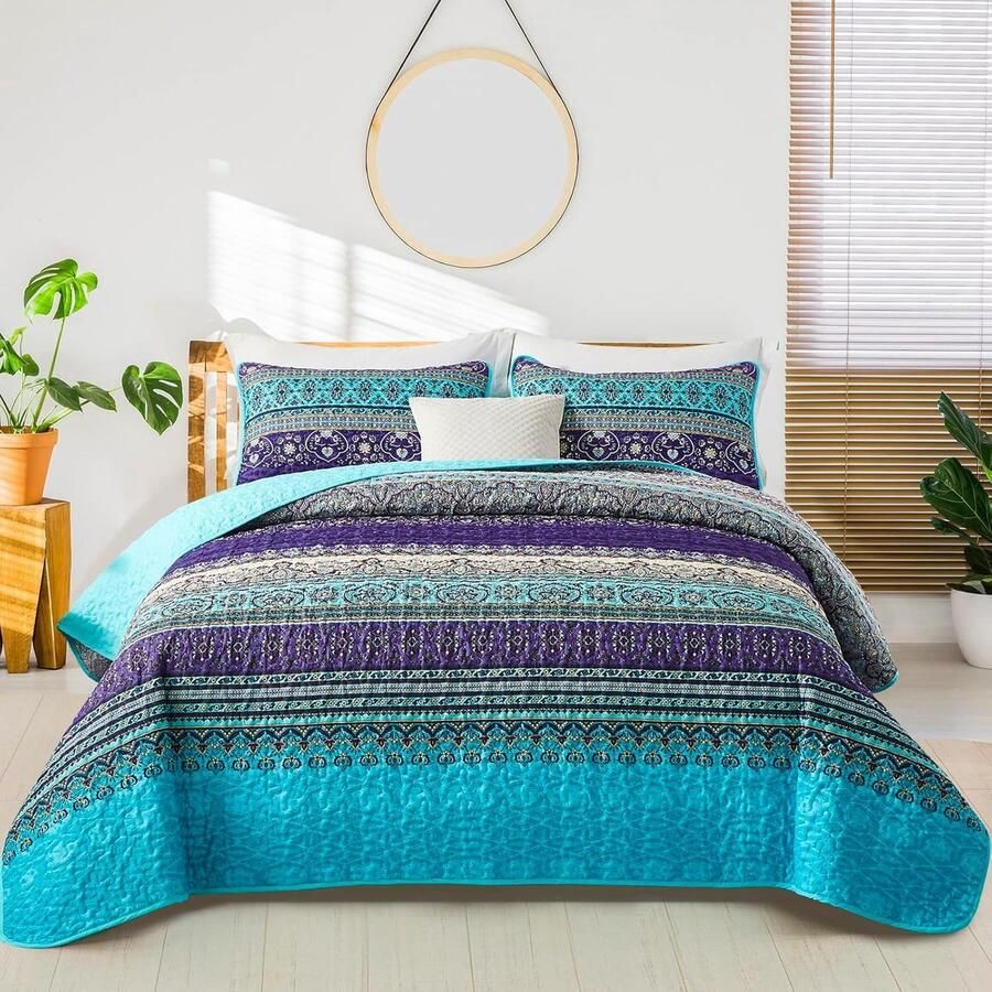 Ibenzoa Sfeervolle Boho Sprei Set Met Quilt en Kussenslopen Voor Tweepersoonsbed in Blauw