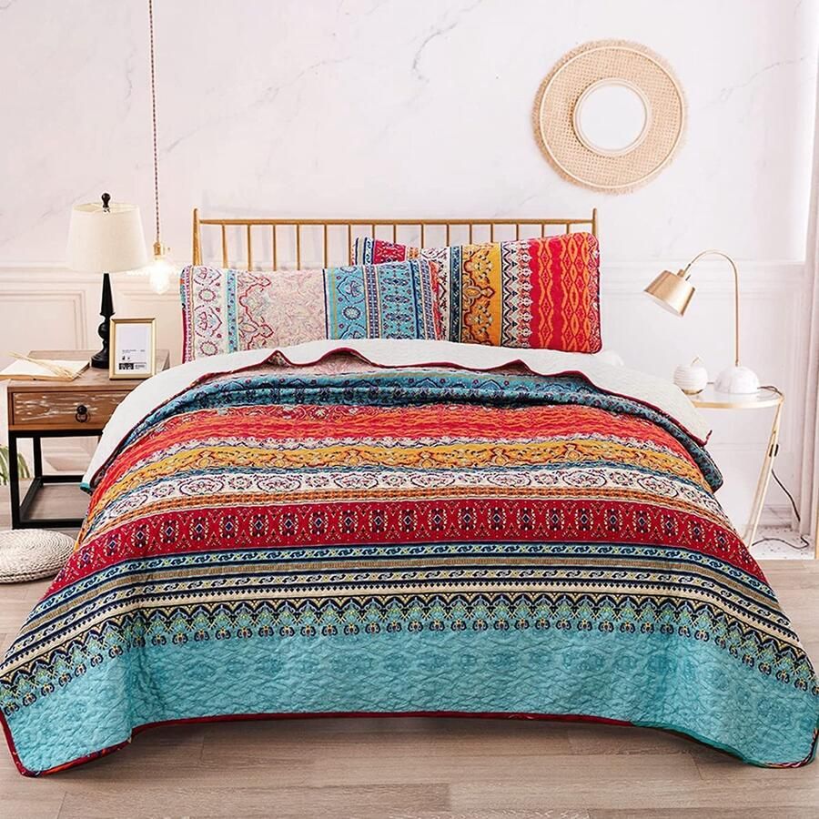 WONGS BEDDING Sprei 200x220 Sprei Boho Deken Gewatteerde Deken 3-delig Tweepersoonsbed Gewatteerd Dekbed Microvezel Deken met 2 Kussenslopen 50x75 voor Slaapkamer als Banksprei (Bohemian)