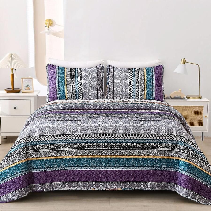 WONGS BEDDING Sprei 220x240 Sprei Boho Deken Gewatteerde Deken 3-Delig Tweepersoonsbed Gewatteerde Sprei Microvezel Deken met 2 Kussenslopen 50x75 voor Slaapkamer als Banksprei Paars