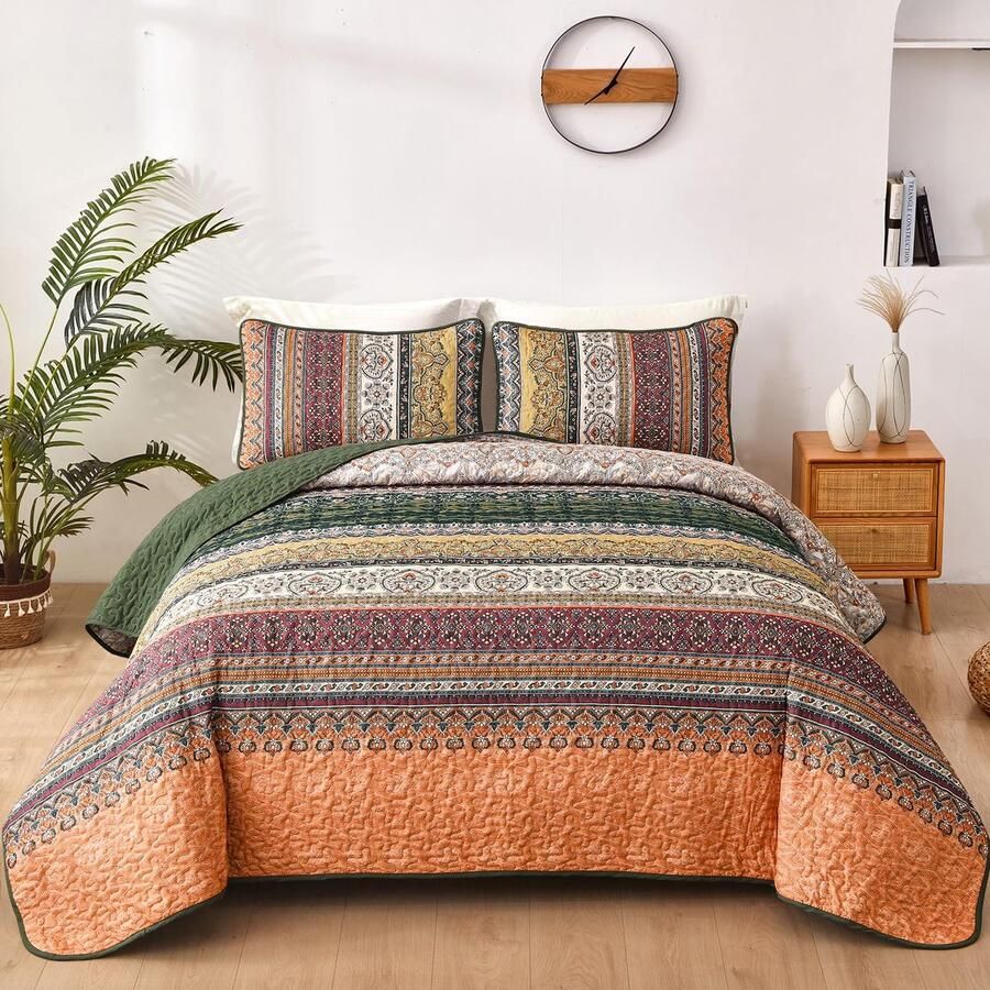 WONGS BEDDING Sprei 220x240 Sprei Boho Deken Gewatteerde Deken 3-Delig Tweepersoonsbed Gewatteerde Sprei Microvezel Deken met 2 Kussenslopen 50x75 voor Slaapkamer als Banksprei Groen Oranje