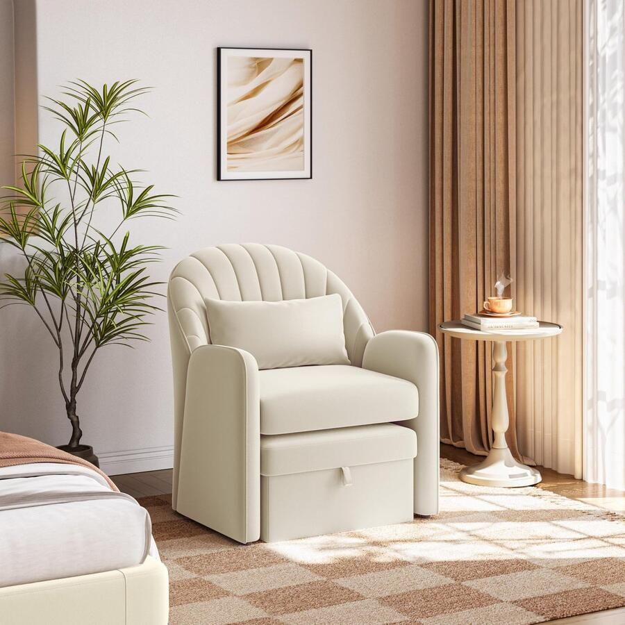 Wonstoel met voetenbank met opbergruimte fluwelen stoel kleine moderne relaxstoel met rugkussen gezellige loungestoel voor woonkamer kantoor slaapkamer beige