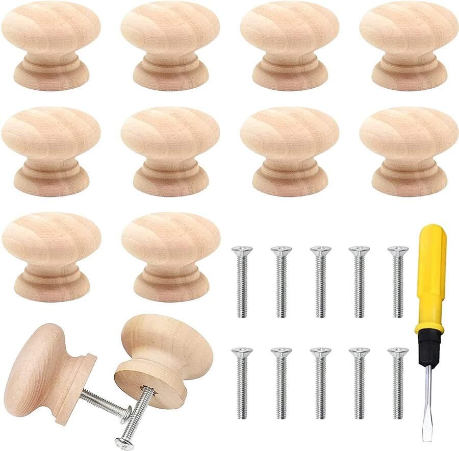 Wood Furniture Knobs 10 Pieces Wooden Handles for Cabinets 33 x 26mm Knots with Screws and Screwdriver Wooden Knob Wooden Door Drawer Handles Round Wooden Knobs Cabinet Knobs for Furniture