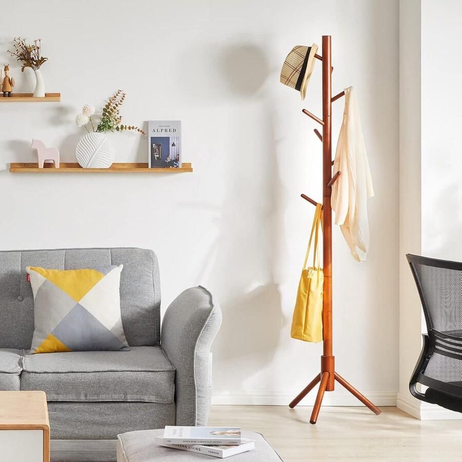 Wooden Coat Rack with 8 Hooks Easy Assembly for Hat Clothing Handbag Scarves Umbrella Brown halmeubel met kapstok