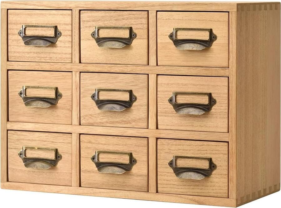 Wooden Drawer Organizer Desktop Storage Box with 9 Drawers for Home Office Desk Organization and Storage Mini Chest of Drawers with Metal Handles Nature