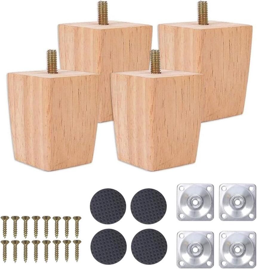 Wooden Furniture Legs Set of 4 Replacement Oak Legs with Screws and Felt Glides (60 mm)