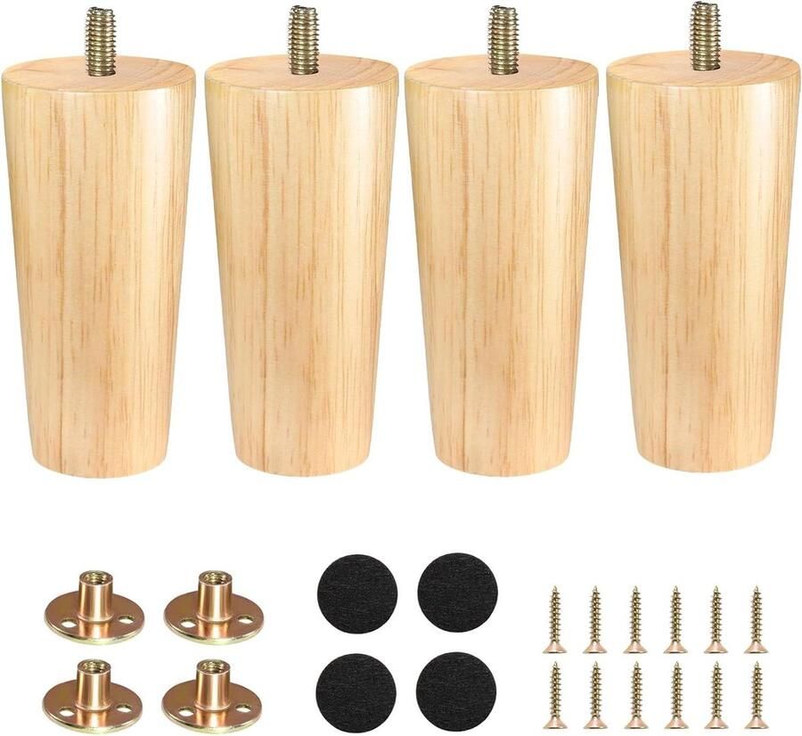 Wooden Furniture Legs Taper Replacement 12 cm Set of 4Met Montageplaat Meubelpoten met Vilt Glijders voor Sofa Bed Chest of Drawers TV Cabinets Bathroom