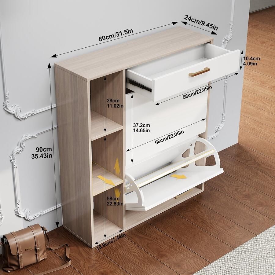 Wooden Shoe Cabinet with 2 Flip Drawers Pull Down Shoe Storage Organizer Cupboard Shoes Rack Cabinet for Entrance Area Hallway Living Rooms White