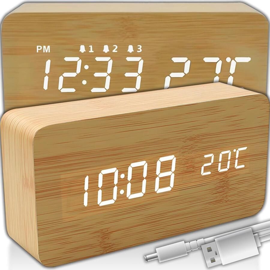 Wooden Table Clock with Temperature Display Clear Display Date Alarm for Bedroom Office Modern Desk Alarm Clock with USB Cable or Battery Powered