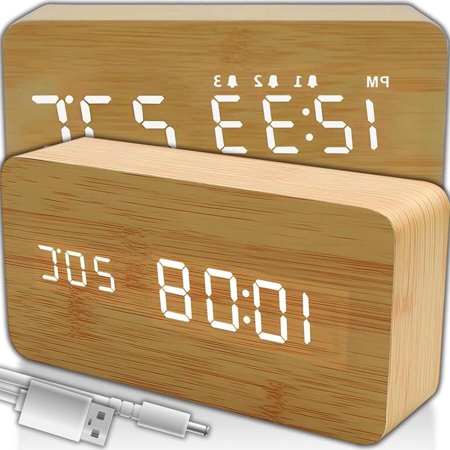 Wooden Table Clock with Temperature Display Clear Display Date Alarm for Bedroom Office Modern Desk Alarm Clock with USB Cable or Battery Powered - Foto 2