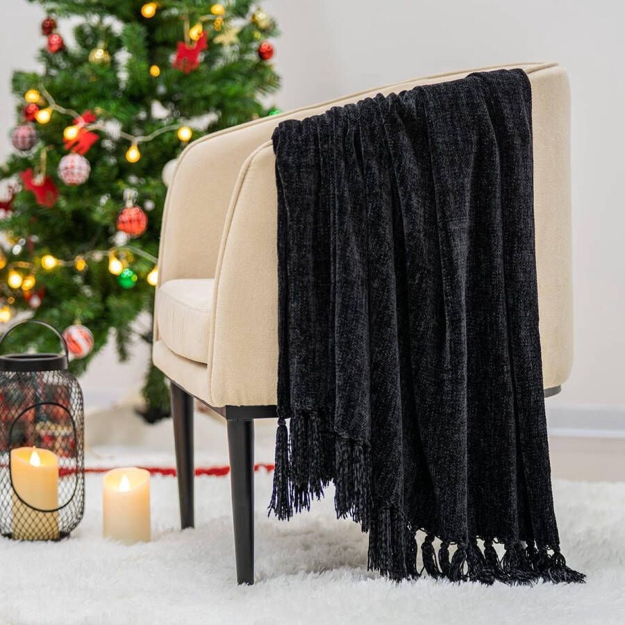 Woon- en knuffeldeken Chenille 127 x 152 cm klein kerstdeken bankdeken pluizig zacht voor bank stoel zwart