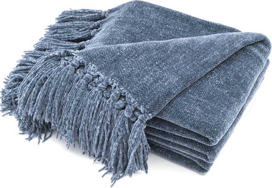 Woon- en knuffeldeken chenille 150 x 200 cm XL deken bankdeken woondeken wollig zacht voor bank stoel blauw