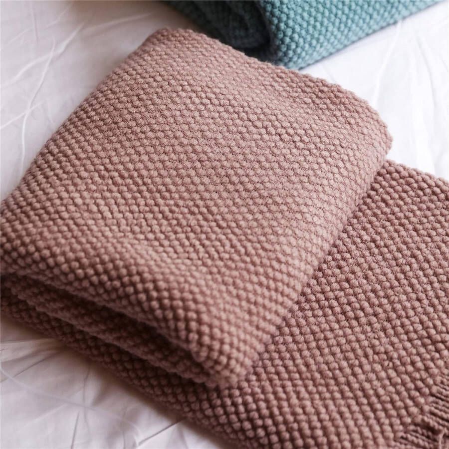 Woondeken zacht gebreide wollen deken kwastjes boho-deken knuffeldeken sofadeken woondeken deken voor bank bed bank stoel donkerroze 150 x 230 cm