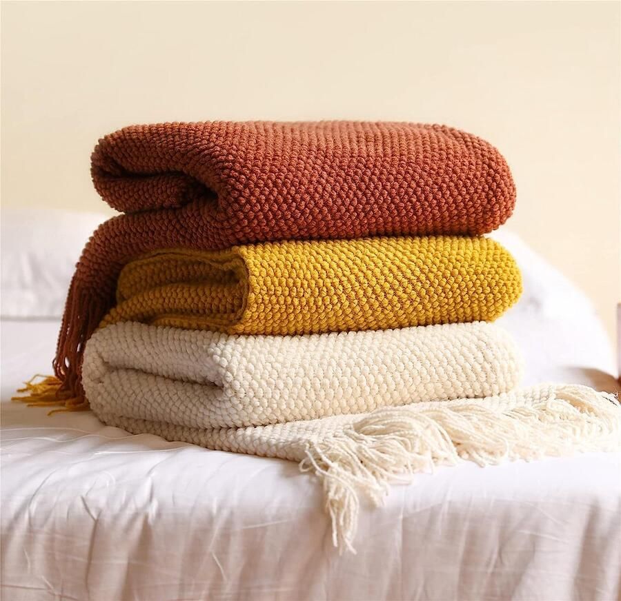Woondeken zacht gebreide wollen deken kwastjes boho-deken knuffeldeken sofadeken woondeken deken voor bank bed bank stoel karamel 130 x 150 cm